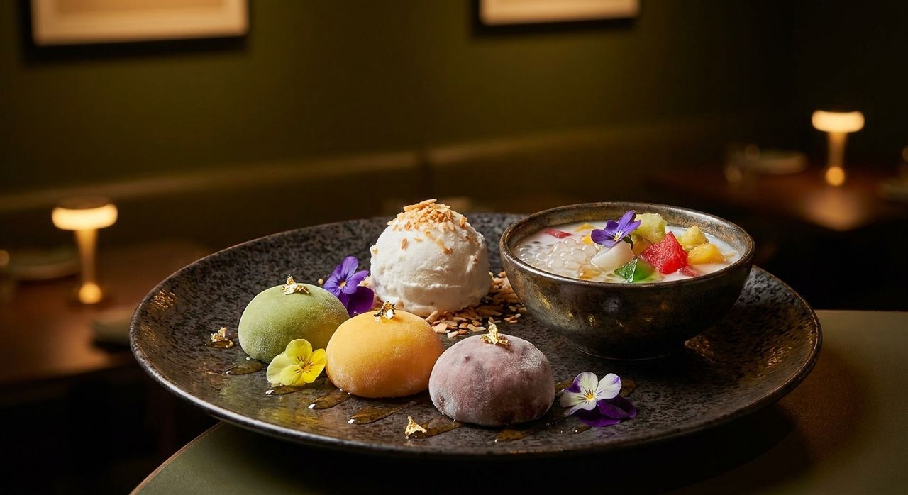 Dessert — Mochi und Kokos-Eis, fein angerichtet