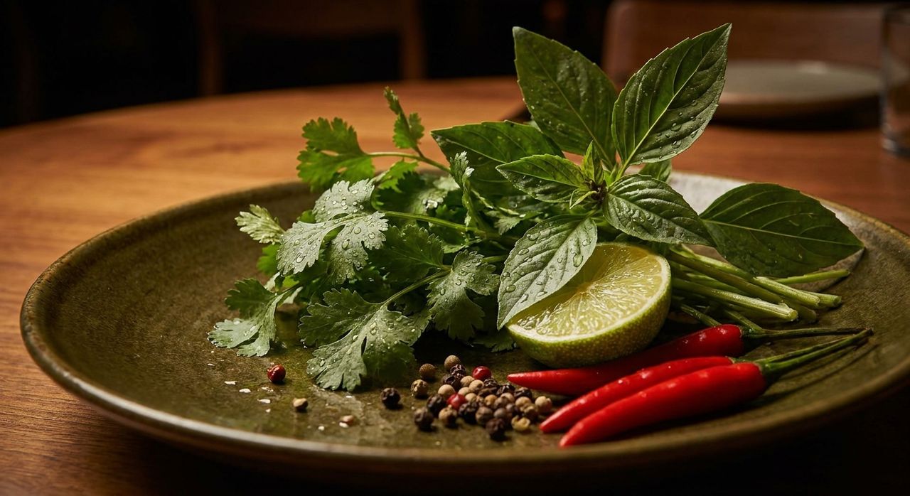 Frische vietnamesische Kräuter — Koriander, Thai-Basilikum, Limette, Chili