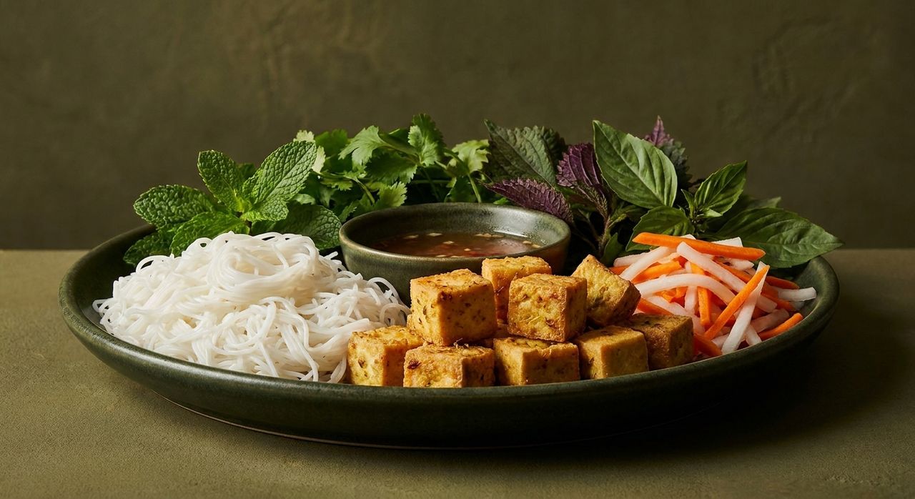 Bún Đậu — Reisnudeln mit Zitronengras-Tofu, Kräutern und eingelegten Karotten