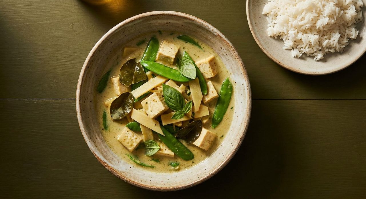 Grünes Curry mit frischem Gemüse, Tofu und Kokosmilch, dazu Jasminreis