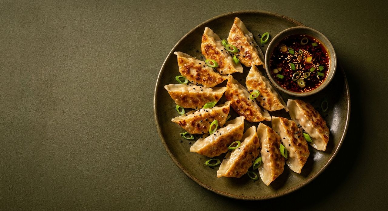 Japanische Hähnchen-Gyoza, knusprig gebraten, mit Dip