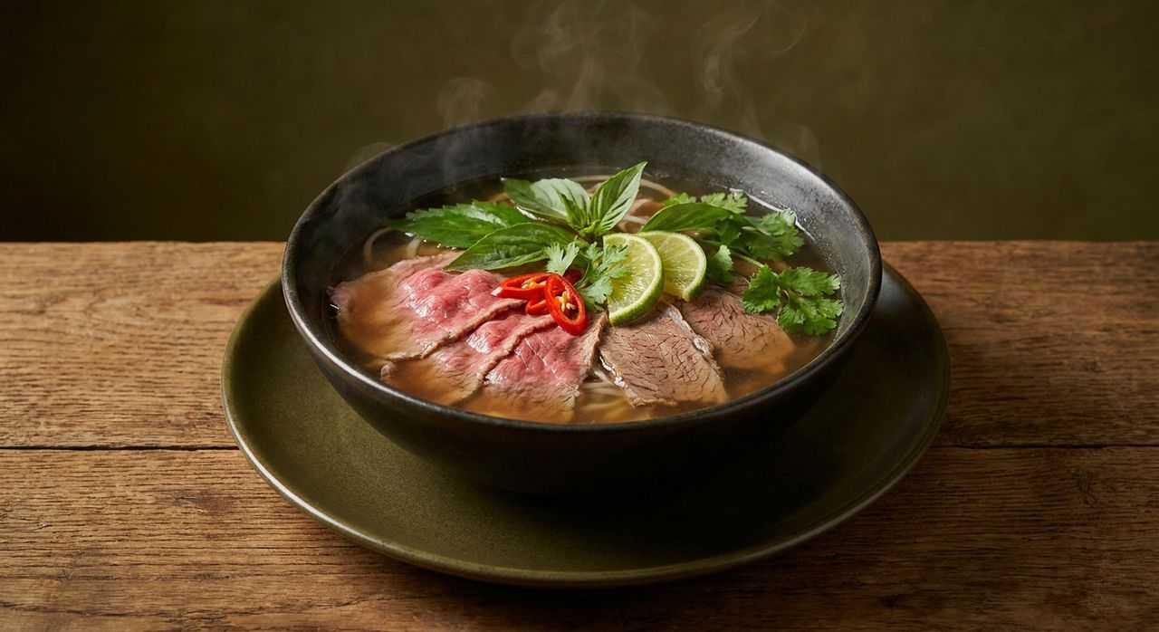 Phở Bò — dampfende Rinderbrühe mit zartem Rind und frischen Kräutern in einer Keramikschale