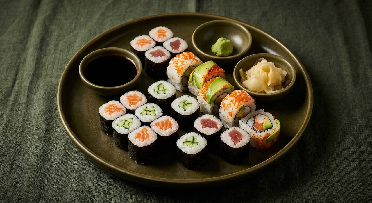 Sushi- und Maki-Platte mit Lachs und California Rolls auf dunklem Keramikteller