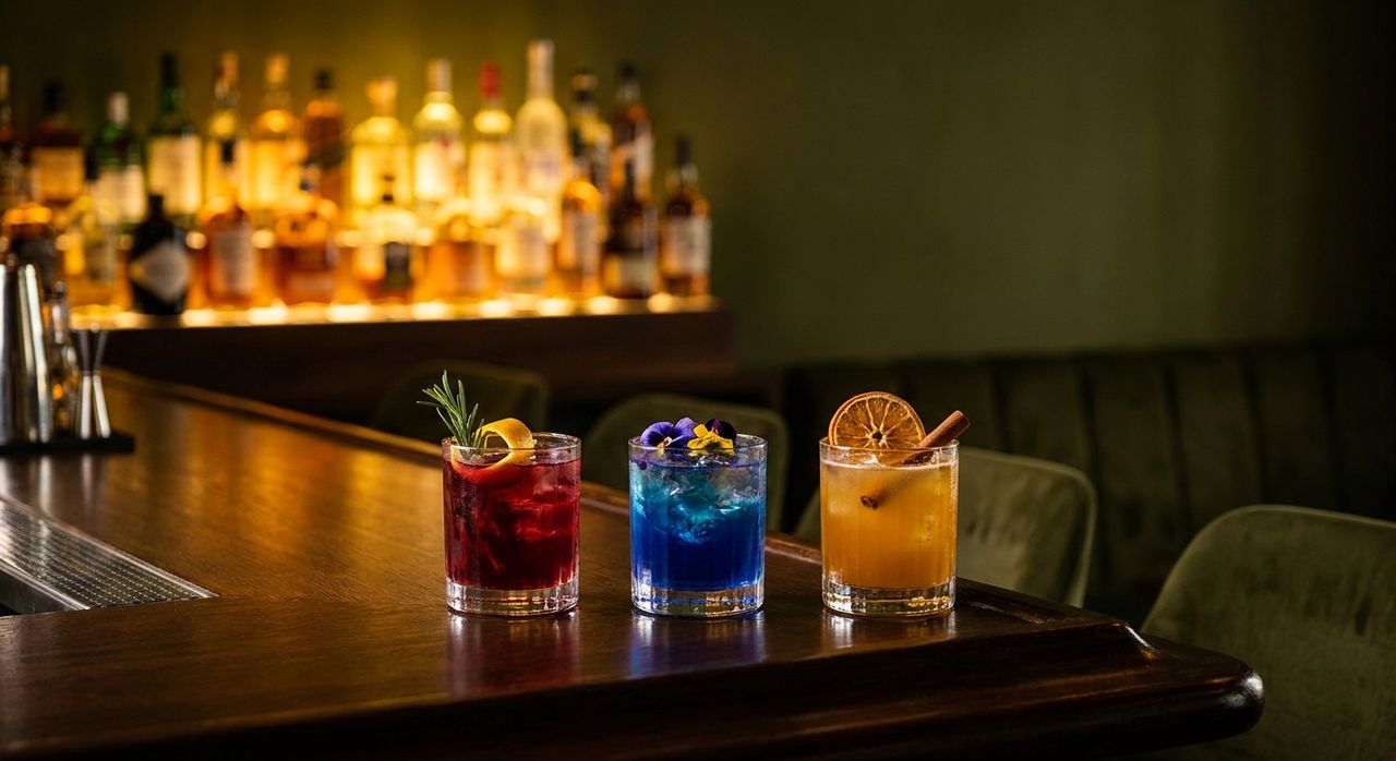 Signature-Cocktails auf der dunklen Bartheke von JURY