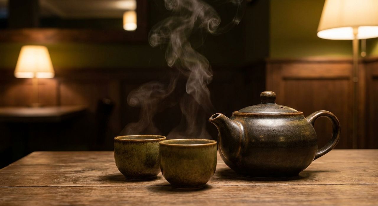 Asiatische Teekanne und Tassen mit aufsteigendem Dampf